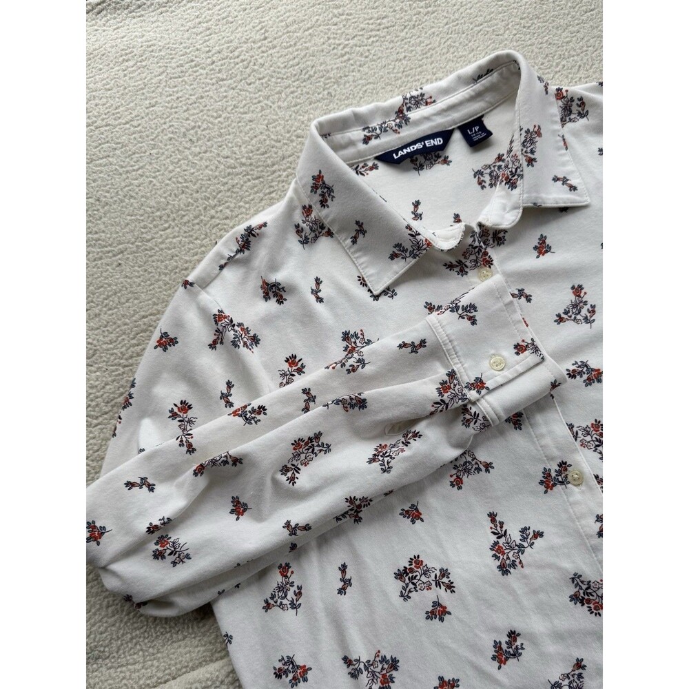 Lands' End Women Top Blouse Shirt Size Lp Ivory Floral Button Up Collared